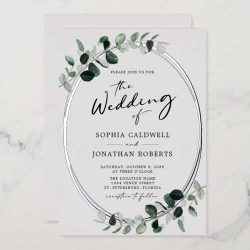Eucalyptus Calligraphy All in One Wedding Silver Foil Invitation