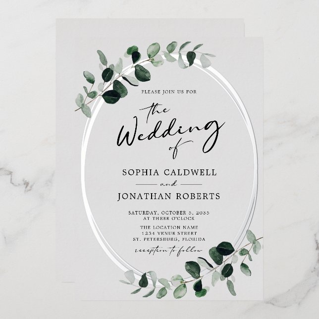 Eucalyptus Calligraphy All in One Wedding Silver Foil Invitation (Front/Back)