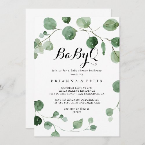 Eucalyptus Calligraphy BabyQ Baby Shower Barbecue  Invitation