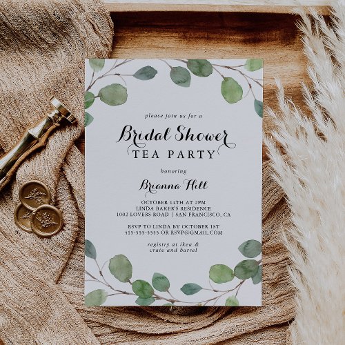 Eucalyptus Calligraphy Bridal Shower Tea Party Invitation
