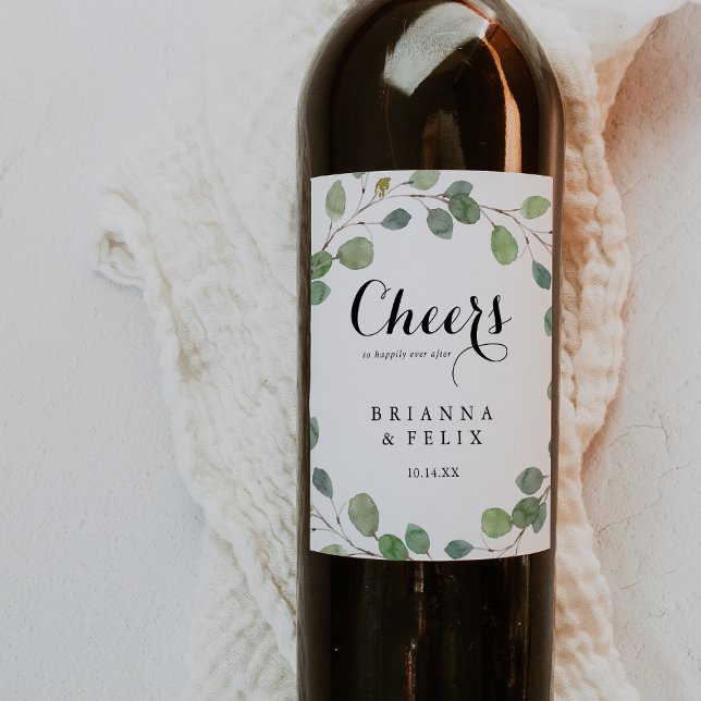 Eucalyptus Calligraphy Cheers Wedding Wine Labels (Creator Uploaded)