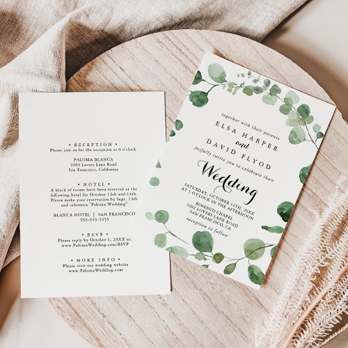Eucalyptus Calligraphy Front  Back Wedding  Invitation