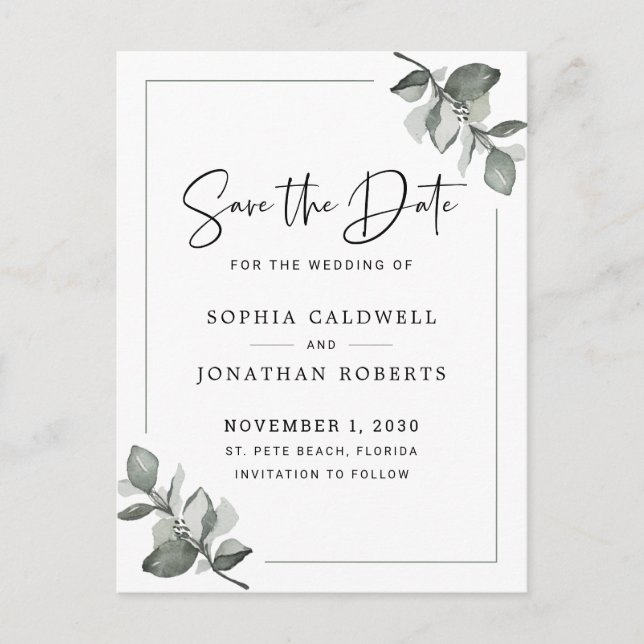 Eucalyptus Calligraphy Minimalist Save the Date Announcement Postcard (Front)
