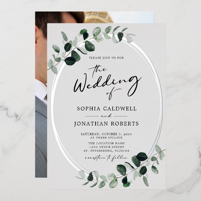 Eucalyptus Calligraphy Photo Wedding Silver Foil Invitation (Front/Back)