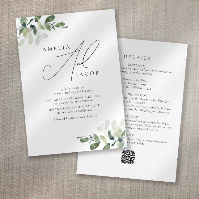 Eucalyptus Calligraphy Qr Code All In One Wedding Invitation Zazzle