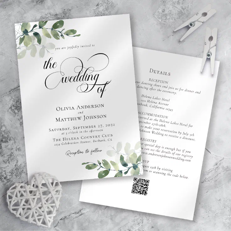 Eucalyptus Calligraphy Qr Code All In One Wedding Invitation Zazzle