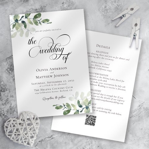 Eucalyptus Calligraphy QR Code All in One Wedding Invitation