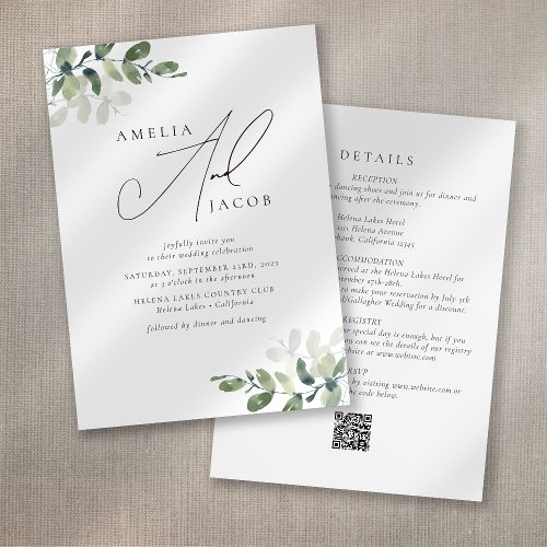 Eucalyptus Calligraphy QR Code All in One Wedding Invitation