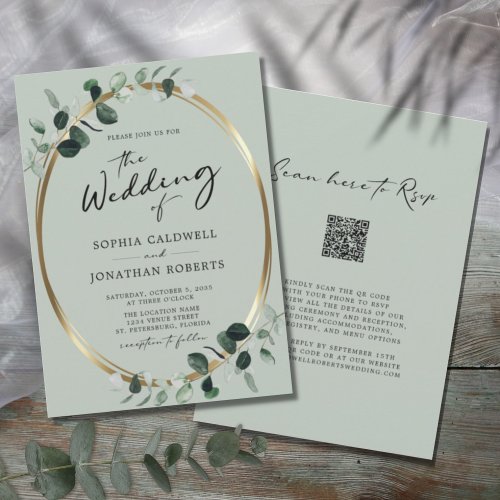Eucalyptus Calligraphy QR Code RSVP Sage Wedding Invitation