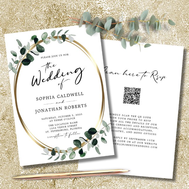 Eucalyptus Calligraphy QR Code RSVP Wedding Invitation (WeddingInvitation-QRCodeRSVP-EuclyptusGoldOvalWhite)