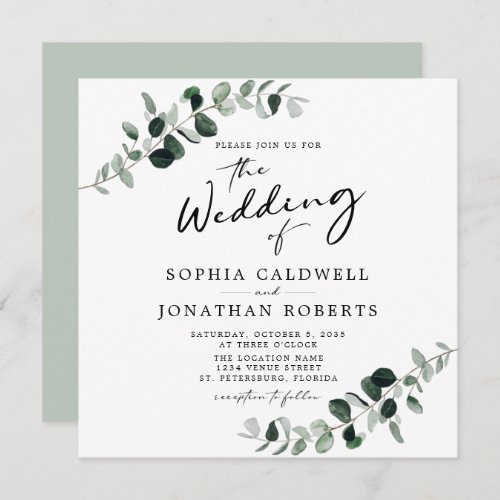 Eucalyptus Calligraphy QR Code Square Wedding Invitation