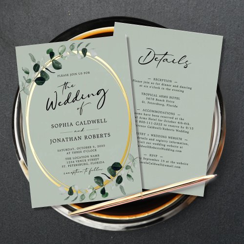 Eucalyptus Calligraphy Sage All in One Wedding Foil Invitation