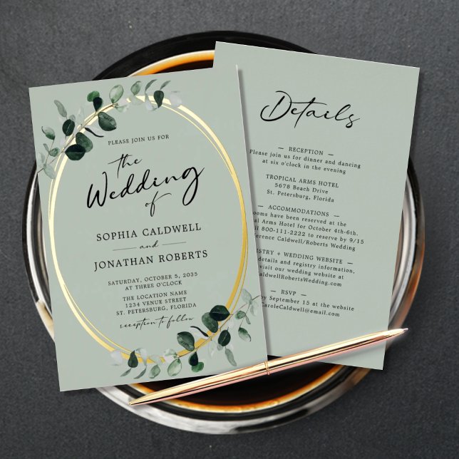 Eucalyptus Calligraphy Sage All in One Wedding Foil Invitation (Creator Uploaded)