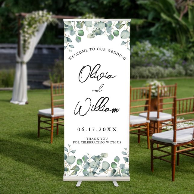 Eucalyptus Calligraphy Script Wedding Welcome Retractable Banner (Creator Uploaded)