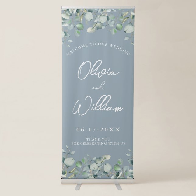 Eucalyptus Calligraphy Script Wedding Welcome Retractable Banner (Front)