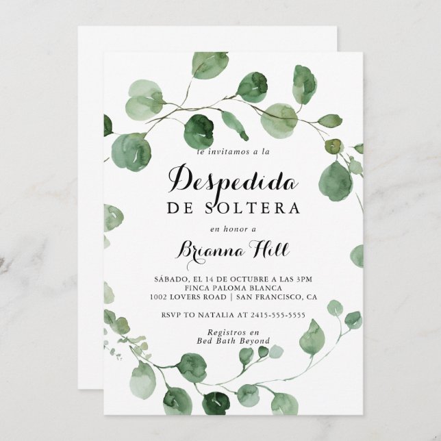 Eucalyptus Calligraphy Spanish Bridal Shower  Invitation (Front/Back)