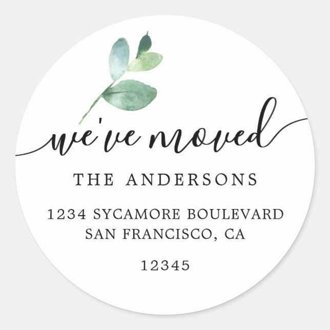 Eucalyptus Calligraphy We’ve Moved New Address Classic Round Sticker (Front)