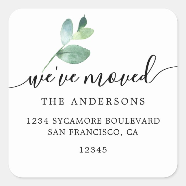 Eucalyptus Calligraphy We’ve Moved New Address Square Sticker (Front)