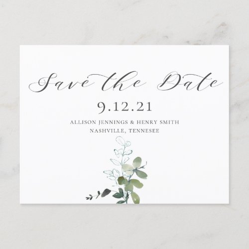 Eucalyptus Calligraphy Wedding Save the Date Announcement Postcard