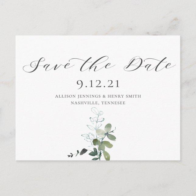 Eucalyptus Calligraphy Wedding Save the Date Announcement Postcard (Front)