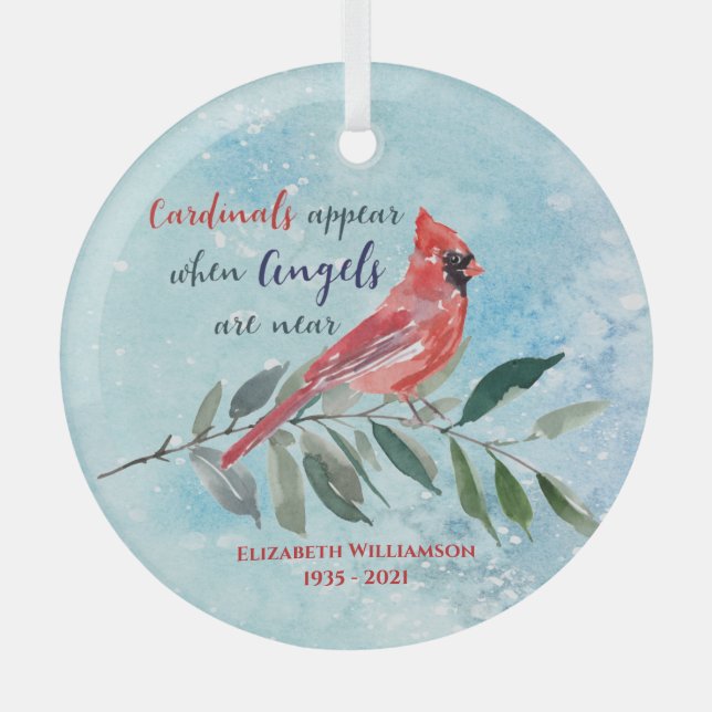 Eucalyptus Cardinals Watercolor Christmas Memorial Glass Ornament (Front)