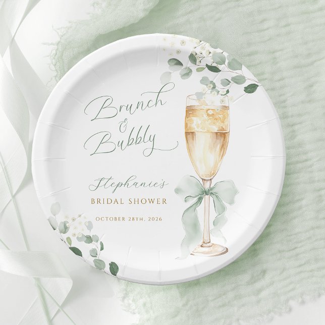 Eucalyptus Champagne Brunch & Bubbly Bridal Shower Paper Plates (Creator Uploaded)