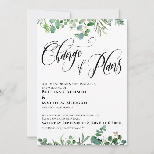 Eucalyptus Change of Plans Postponed Wedding Invitation