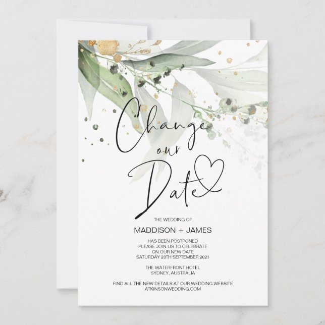 Eucalyptus Change the Date Wedding Postponed Invitation (Front)