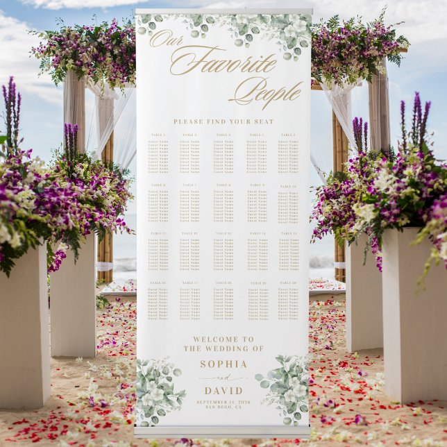 Eucalyptus Chic Gold Script Wedding Seating Chart Retractable Banner (Creator Uploaded)