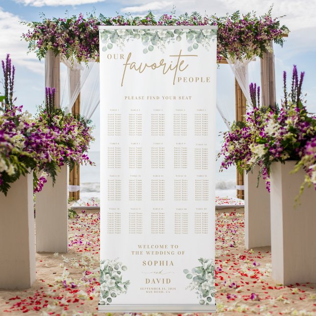 Eucalyptus Chic Gold Script Wedding Seating Chart Retractable Banner (Creator Uploaded)
