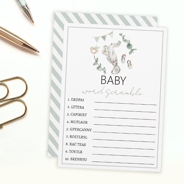 Eucalyptus clothes baby boy shower word scramble advice card (Creator Uploaded)
