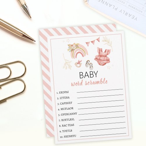 Eucalyptus clothes baby shower word scramble advice card