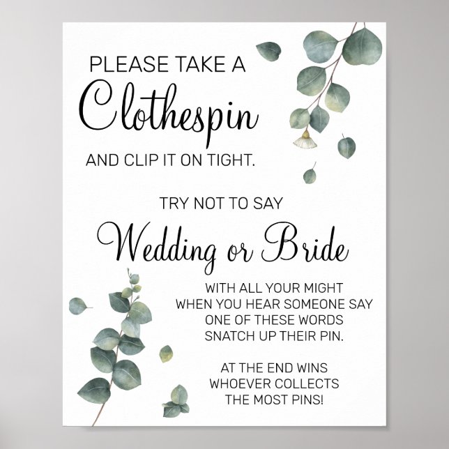 Eucalyptus Clothespin bridal shower game sign (Front)