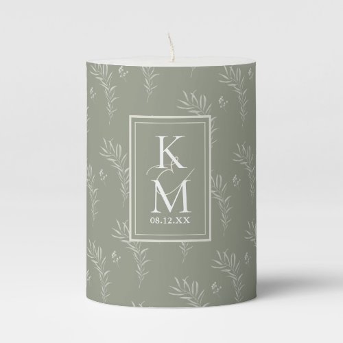 Eucalyptus Color Tones Wedding Initials Gr ID901 Pillar Candle