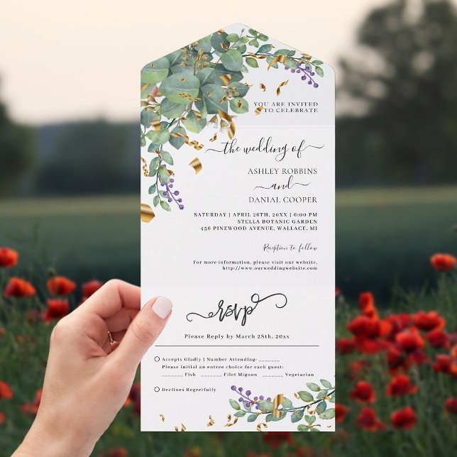 Eucalyptus Confetti Greenery Wedding All In One Invitation (Creator Uploaded)