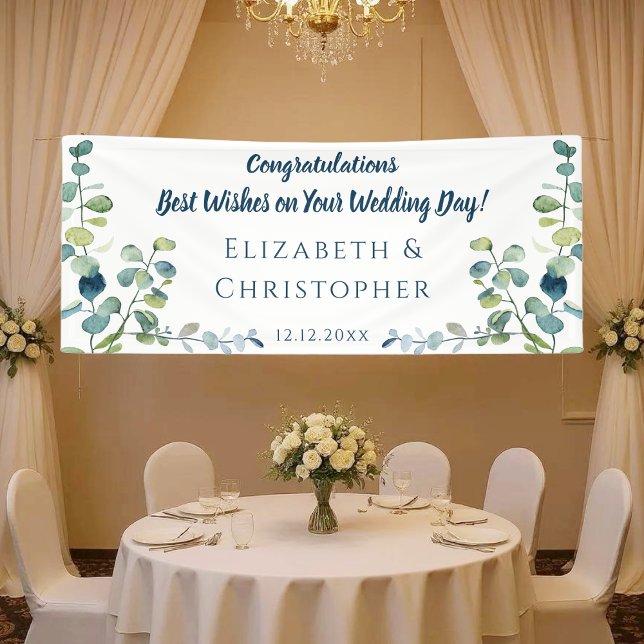 Eucalyptus Congratulations Married Wedding Banner (Elegant wedding banner with romantic script, soft florals, and custom names set on a white backgroun)