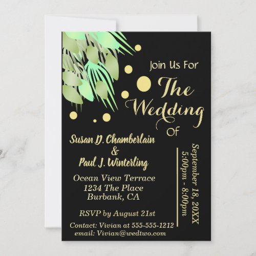 Eucalyptus Coral Greenery Black  Gold Wedding Invitation