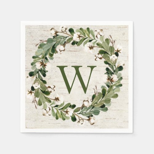 Eucalyptus  Cotton Birch Wreath Monogram Napkins