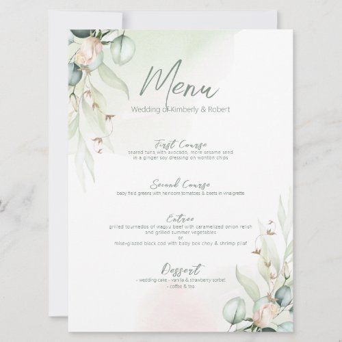 Eucalyptus Cotton Bouquet Wedding Diner Manu Invitation