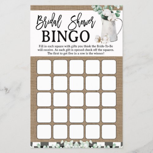 Eucalyptus Cotton Farmhouse Bridal Shower Bingo Flyer