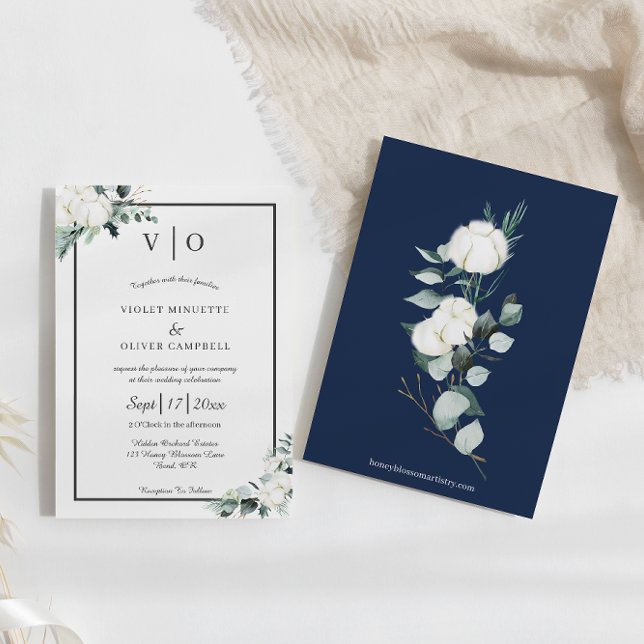 Eucalyptus Cotton | Felt Ecru Monogram Wedding Invitation (Creator Uploaded)