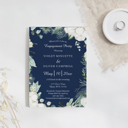 Eucalyptus Cotton  Navy Modern Engagement Party Invitation