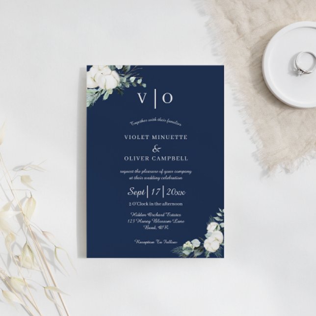  Eucalyptus Cotton | Navy Modern Monogram Wedding Invitation (Creator Uploaded)