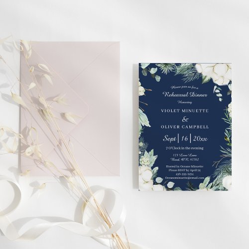 Eucalyptus Cotton  Navy Modern Rehearsal Dinner Invitation