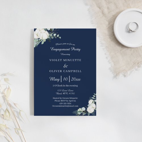 Eucalyptus Cotton Navy Modern v2 Engagement Party Invitation