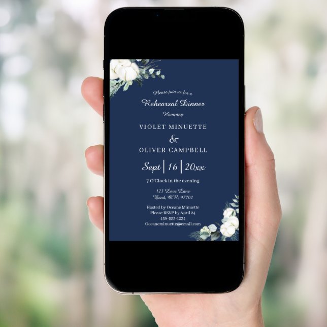 Eucalyptus Cotton Navy Modern v2 Rehearsal Dinner Invitation (Front Digital)