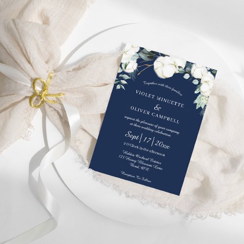 Eucalyptus Cotton  Navy Modern v3 Wedding Invitation