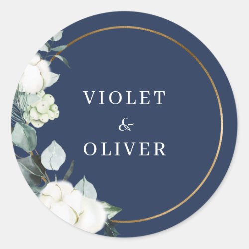 Eucalyptus Cotton  Navy Modern Wedding Classic Round Sticker