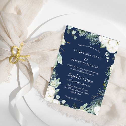 Eucalyptus Cotton  Navy Modern Wedding Invitation