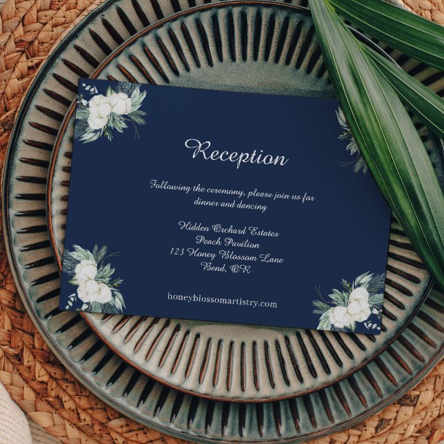 Eucalyptus Cotton | Navy Modern Wedding Reception Enclosure Card (Creator Uploaded)